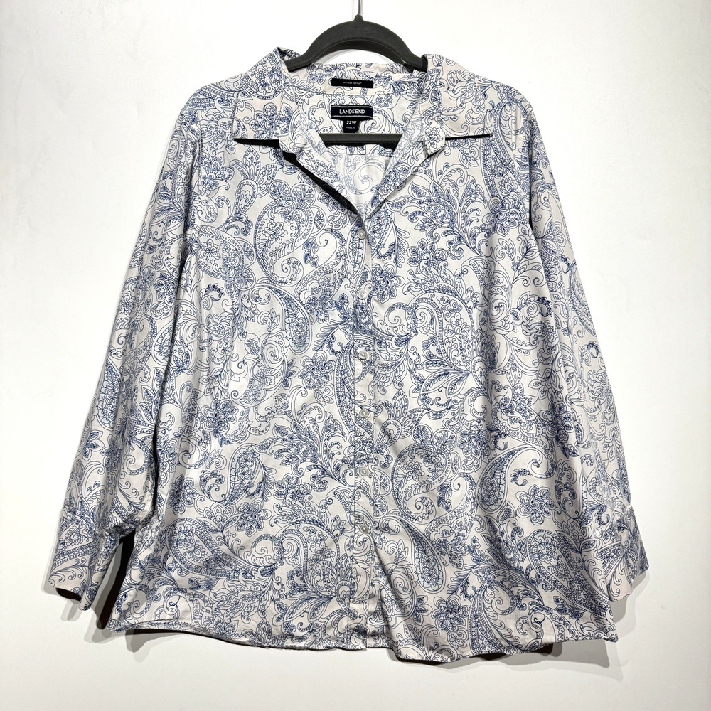 Lands' End No Iron Supima Cotton Button Up Shirt Women's 22W Blue White Floral